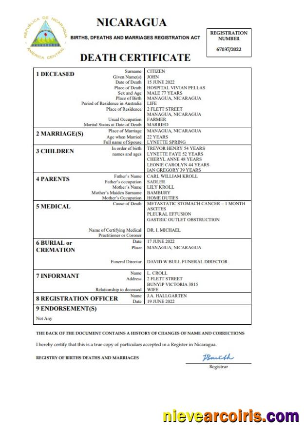 Nicaragua vital record death certificate